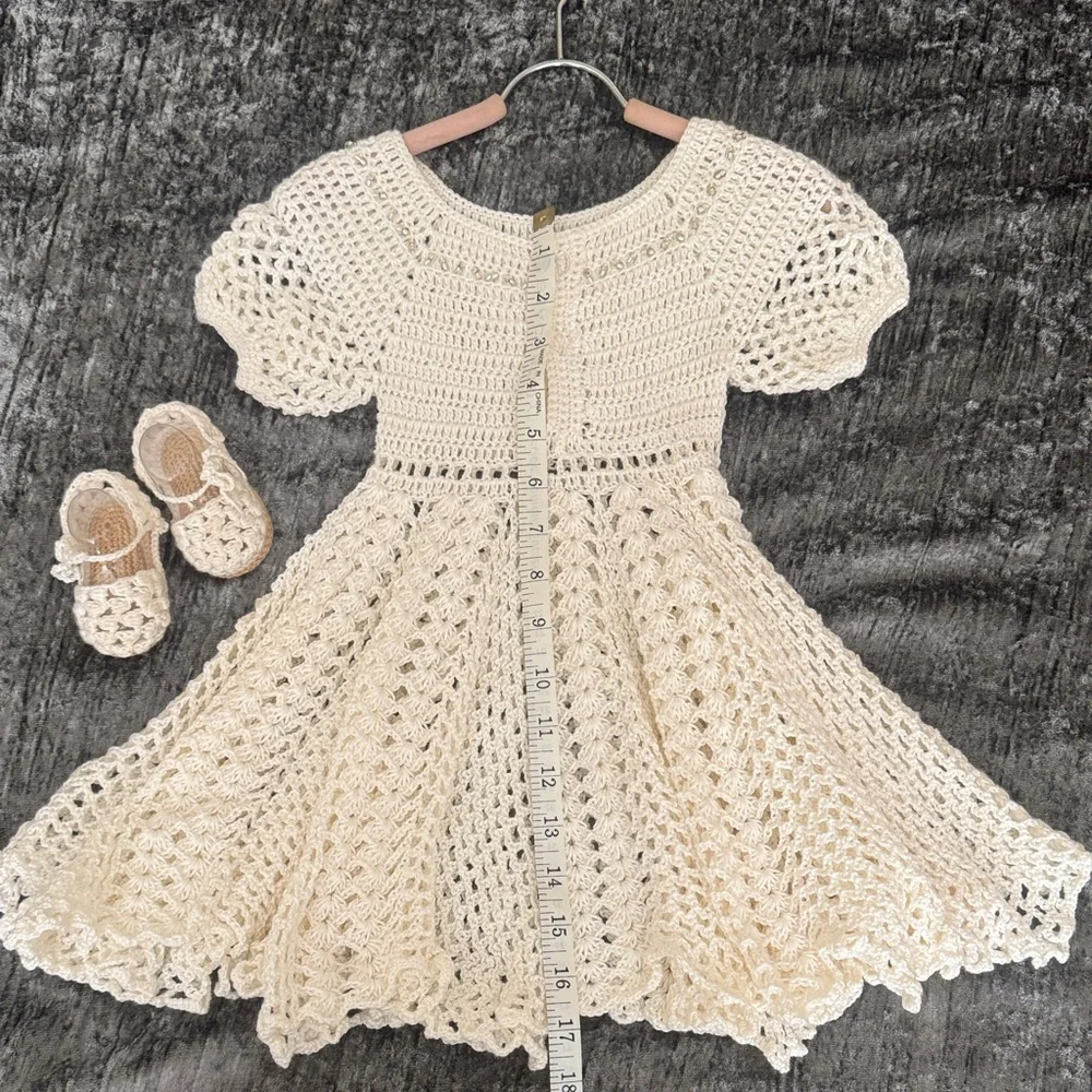 Cream Crochet Baby Dress with Shoes